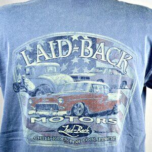 New Med T-shirt Laid Back Motors 55 Chevy, 32 5 Window Ford Roadster, GTO Cars